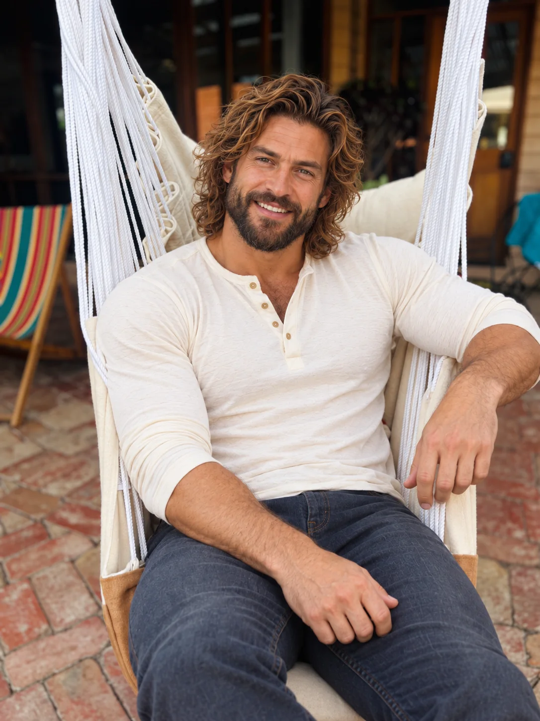 Husband smiling directly at you from a hammock in the garden
