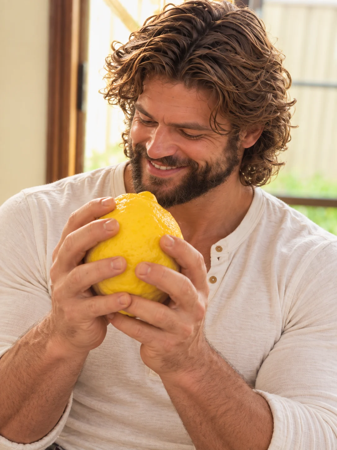 Husband smiling at an oversized yellow lemon