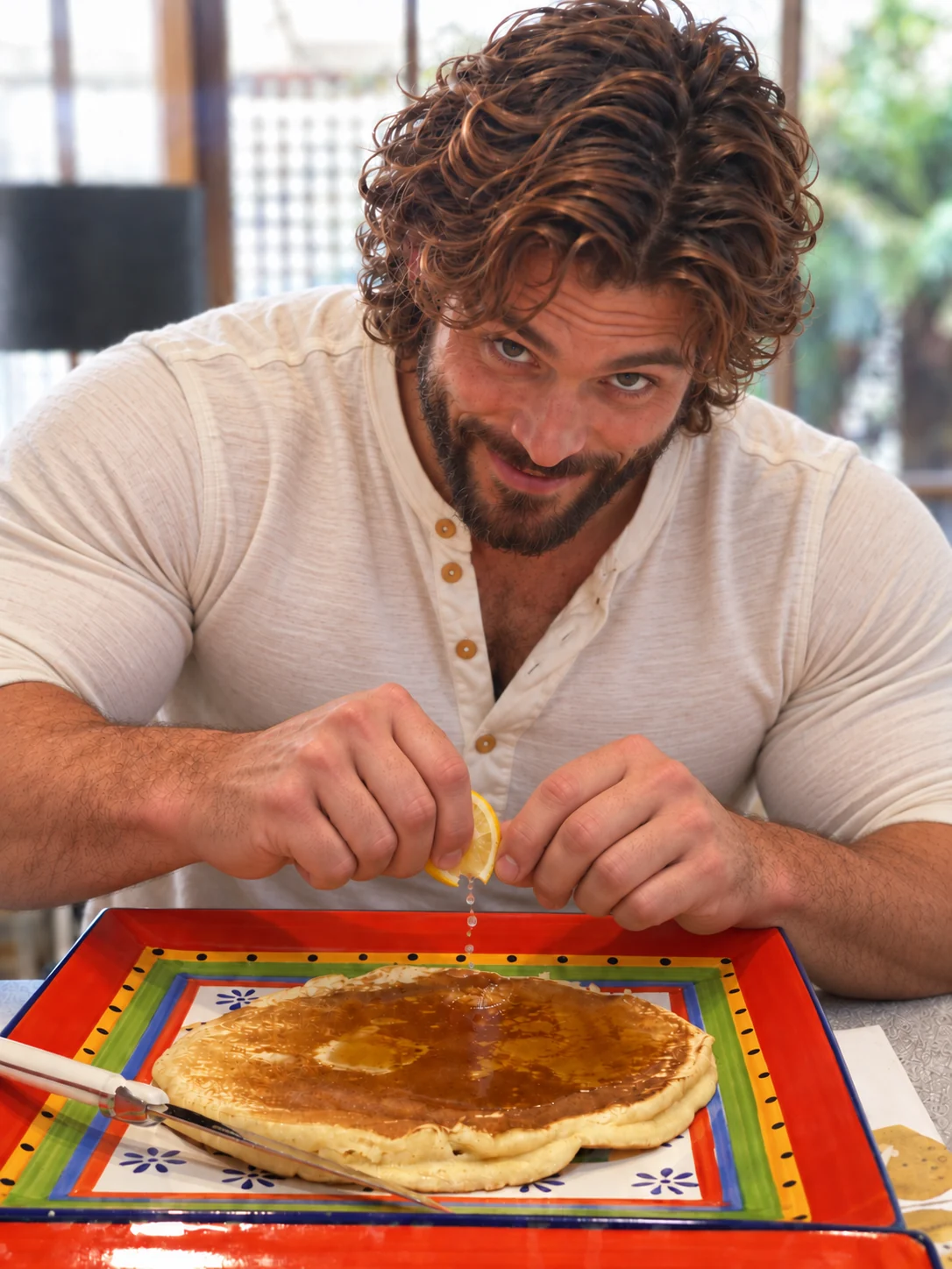 Husband looks up from the pancake with a playful smile