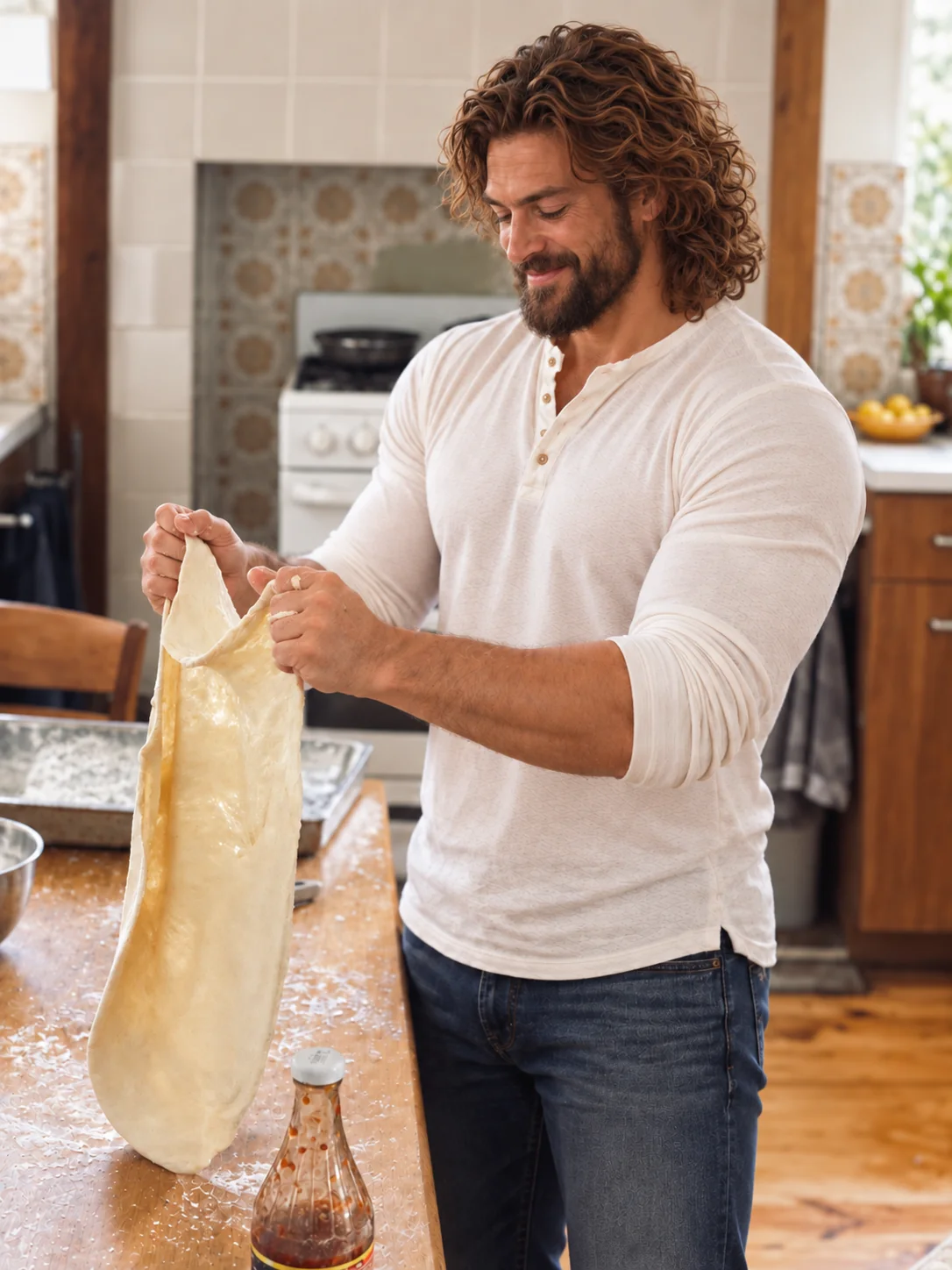 Husband making pizza in the kitchen