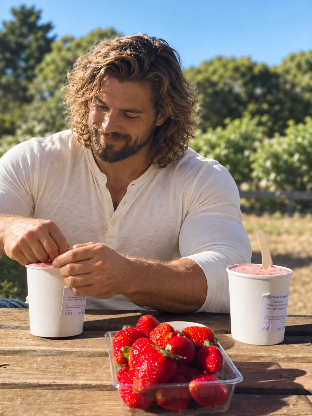 Husband opening strawberry ice cream at an outdoor table